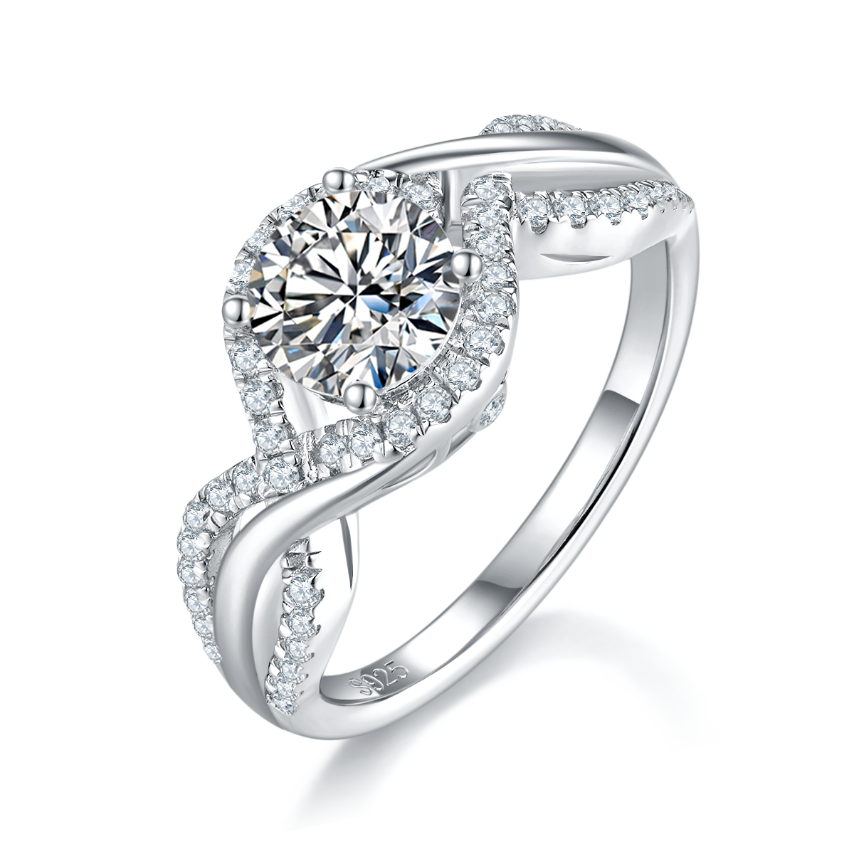 Double row Full Diamond Twisted Arm Round Bag Women's Ring S925 Silver Plated Platinum Customized Selection Main Stone Moissanite Diamond 1.0ct/Secondary Stone High Carbon Diamond