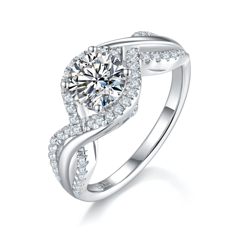 Double row Full Diamond Twisted Arm Round Bag Women's Ring S925 Silver Plated Platinum Customized Selection Main Stone Moissanite Diamond 1.0ct/Secondary Stone High Carbon Diamond