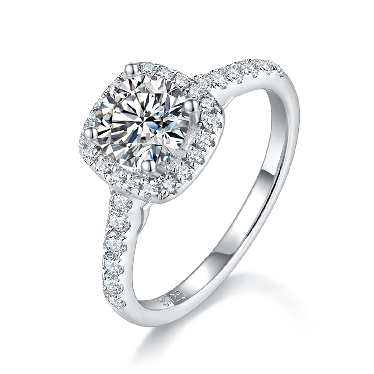 直臂微镶方包女戒S925银镀白金定制选款主石莫桑钻1.0ct/副石高碳钻