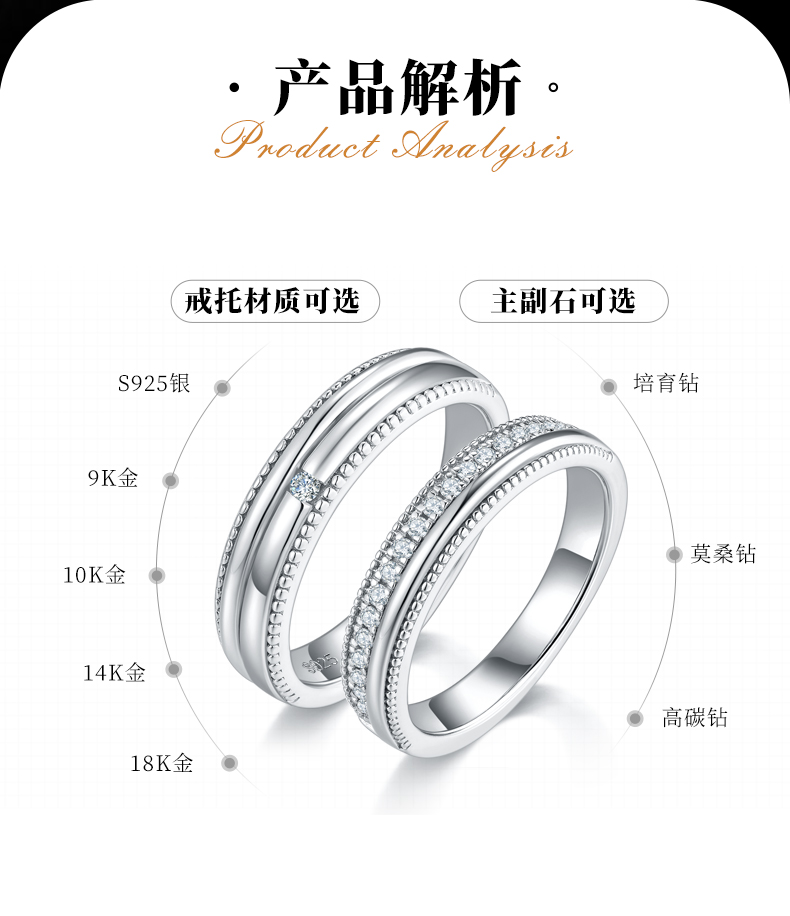 S925银镀白金情侣对戒定制选款副石莫桑钻0.2ct - 2