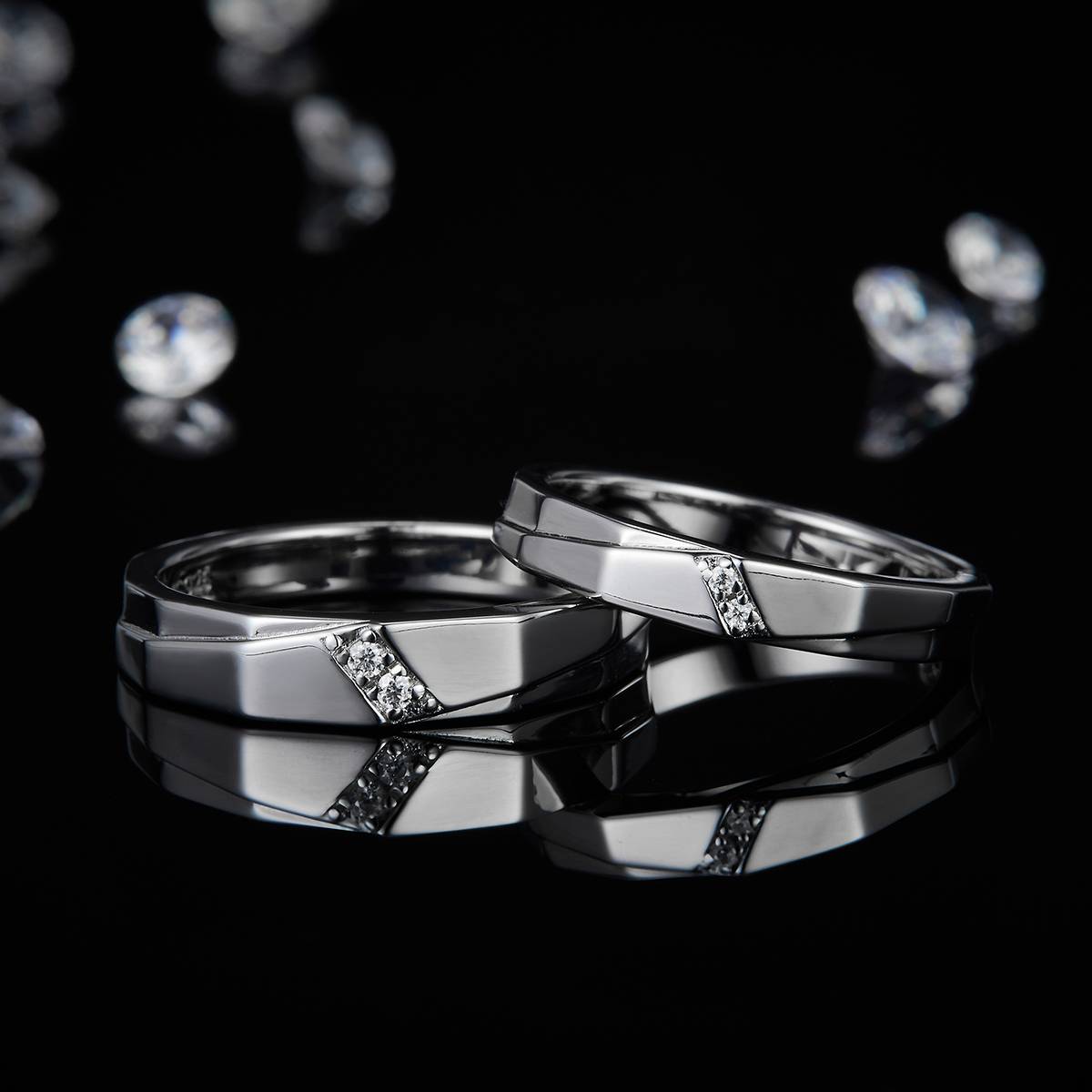 S925银镀白金情侣对戒定制选款副石莫桑钻0.046ct