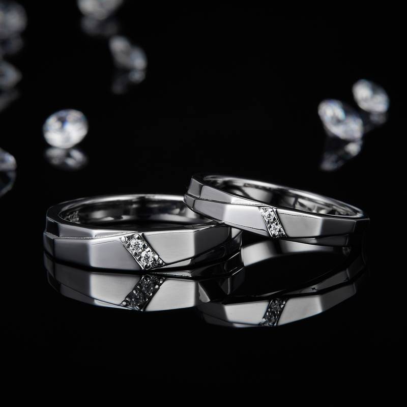 S925 Silver Plated Platinum Couple's Ring Customized Selection, Accessory Stone Moissanite Diamond 0.046ct