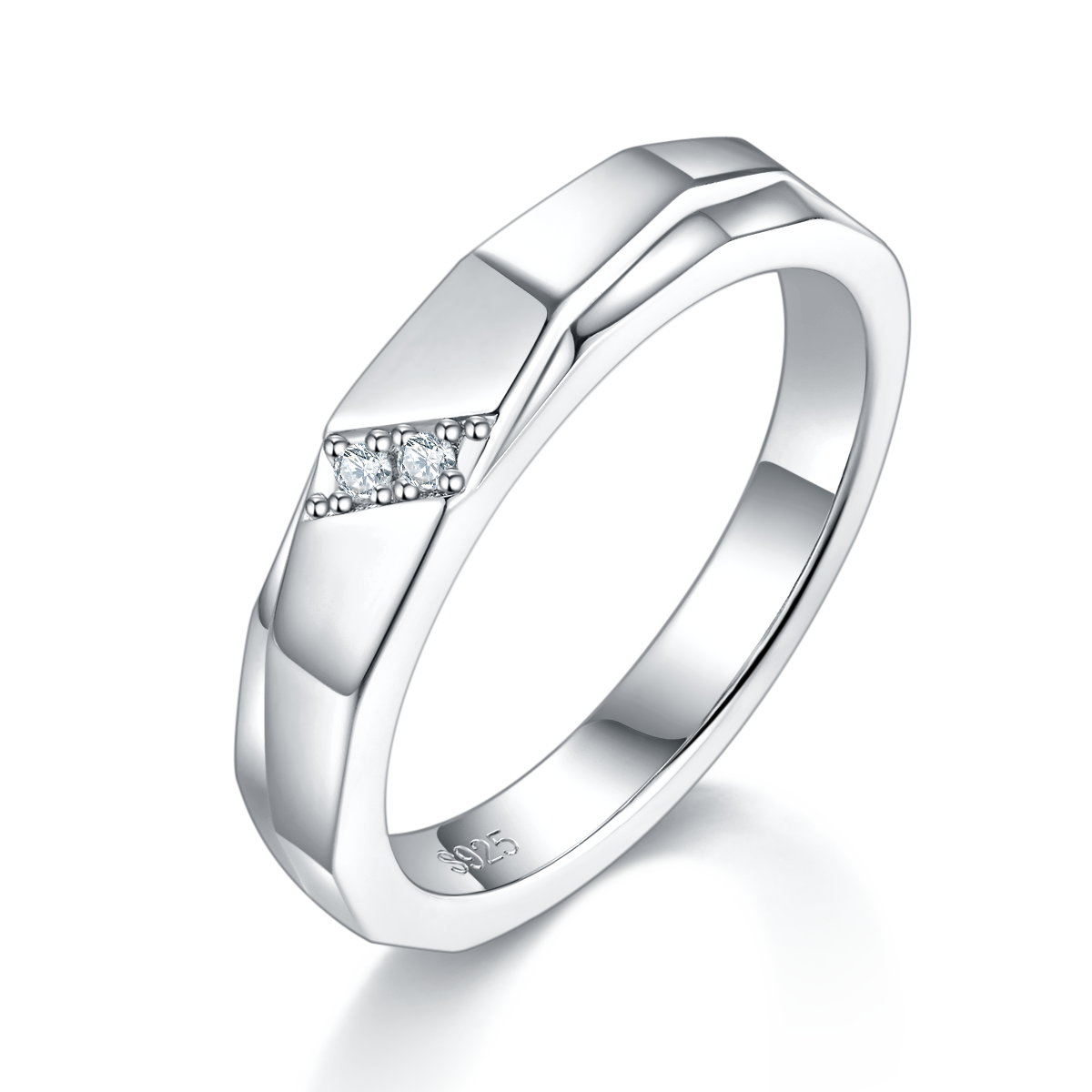 S925银镀白金情侣对戒定制选款副石莫桑钻0.046ct
