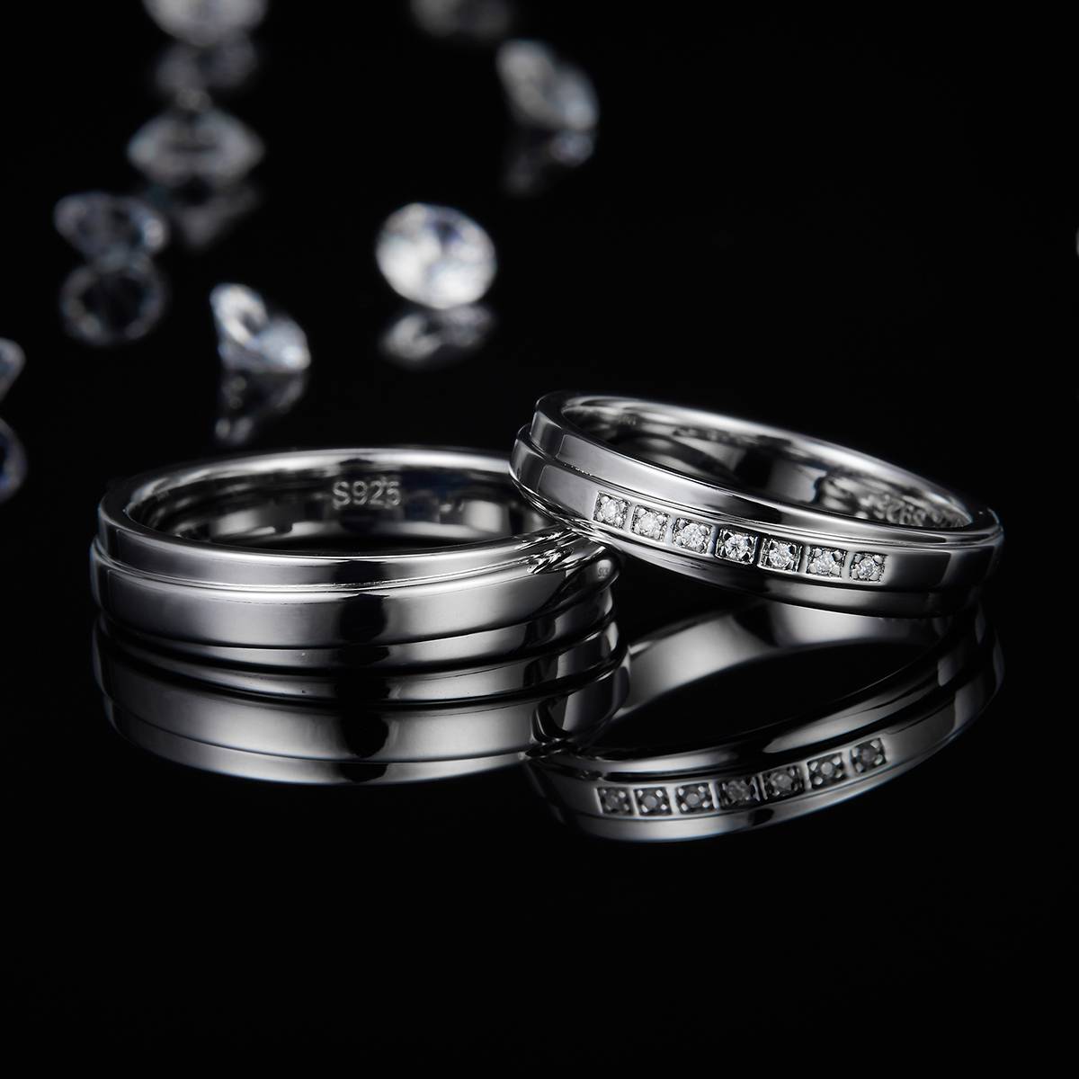 S925 Silver Plated Platinum Couple's Ring Customized Selection, Accessory Stone Moissanite Diamond 0.1ct