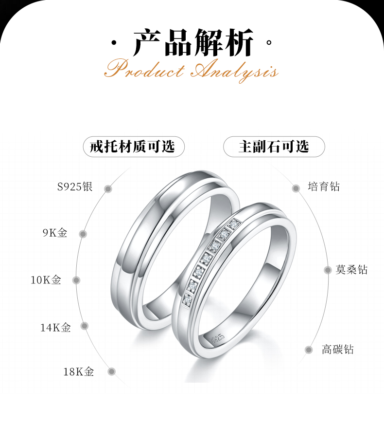 S925银镀白金情侣对戒定制选款副石莫桑钻0.1ct - 2