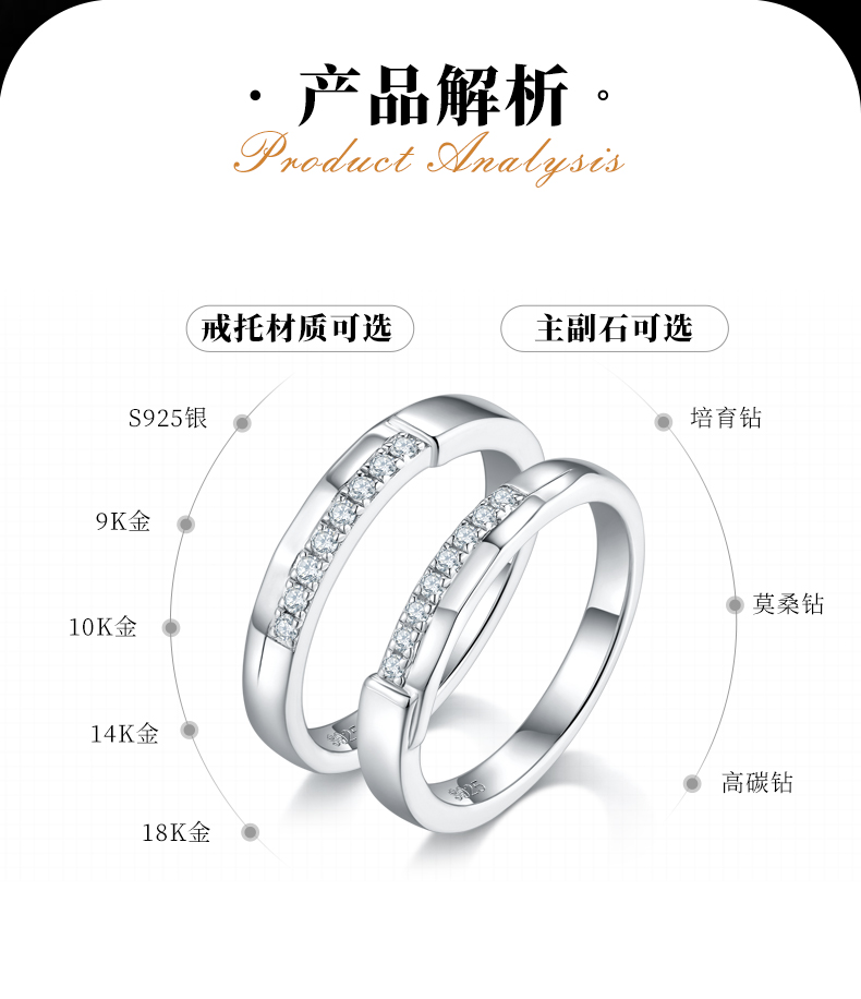 S925银镀白金主情侣对戒定制选款副石莫桑钻0.2ct - 2