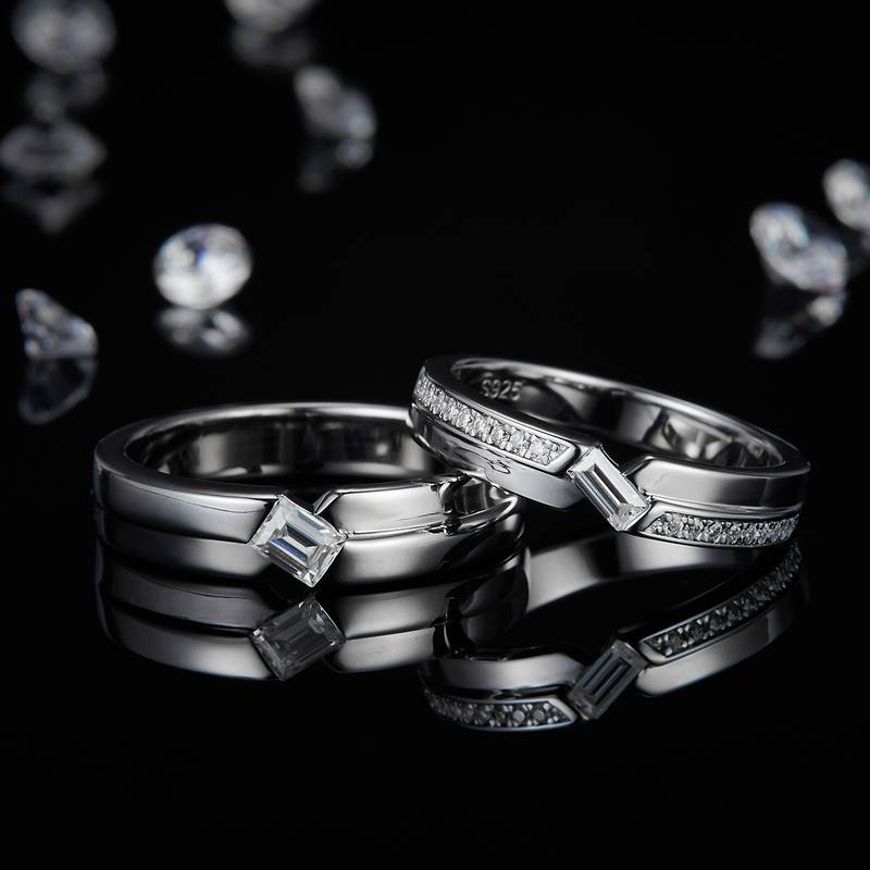 S925 Silver Plated Platinum Couple's Ring Customized Selection, Accessory Stone Moissanite Diamond 0.6ct