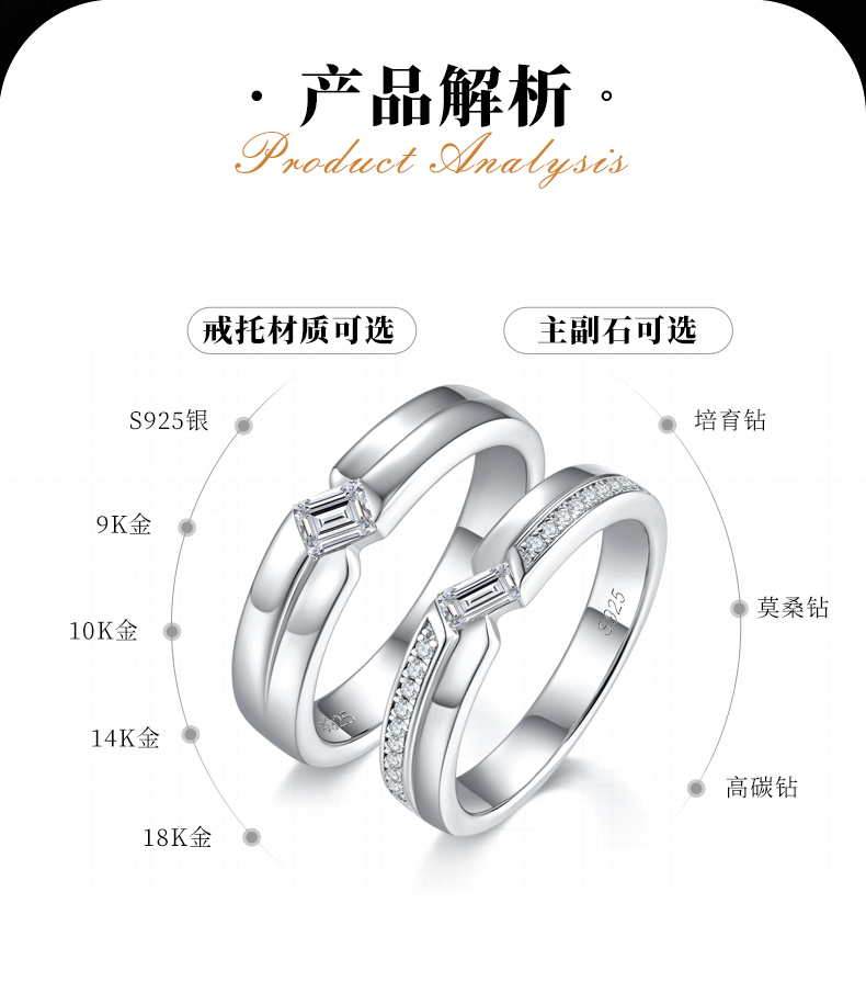 S925银镀白金情侣对戒定制选款副石莫桑钻0.6ct - 2