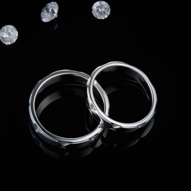 S925银镀白金情侣对戒定制选款副石莫桑钻0.13ct