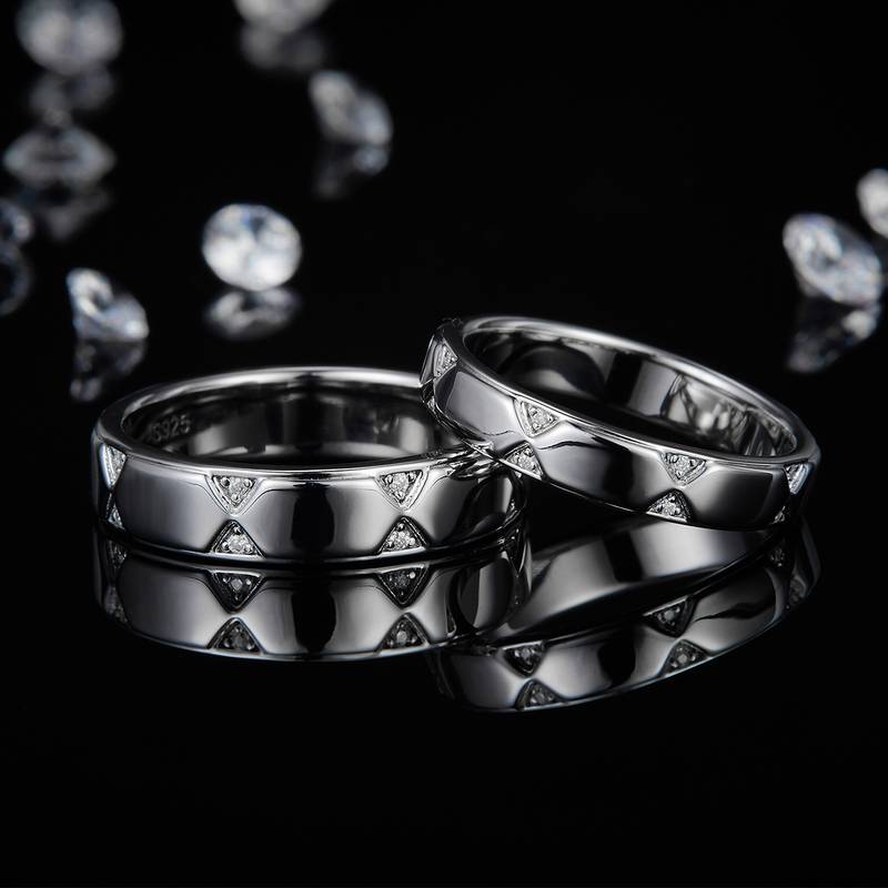 S925银镀白金情侣对戒定制选款副石莫桑钻0.13ct