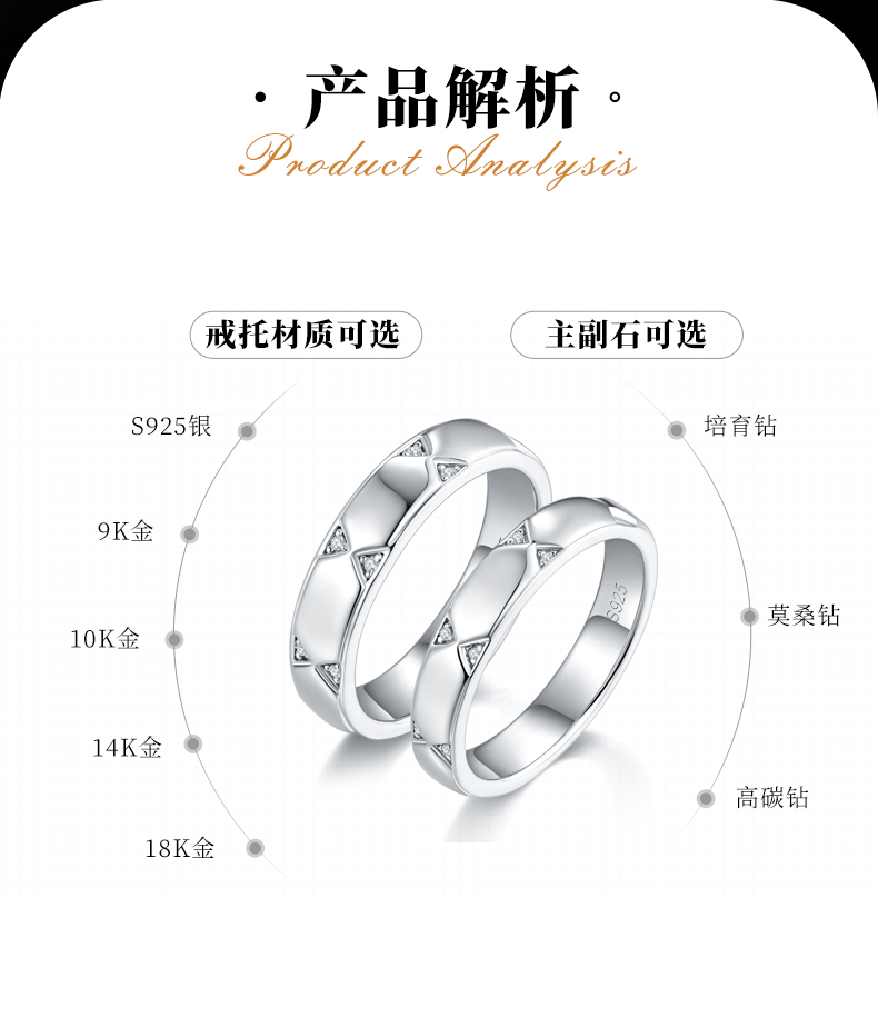S925银镀白金情侣对戒定制选款副石莫桑钻0.13ct - 2