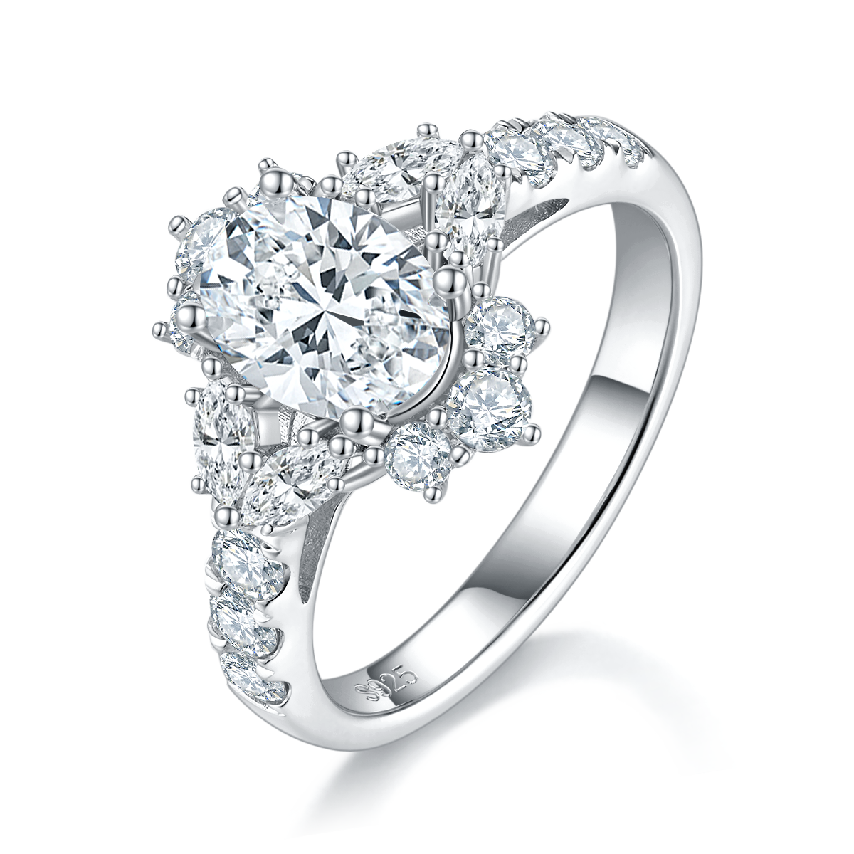 Deluxe Egg shaped Women's Ring S925 Silver Plated Platinum Customized Selection Main Stone Moissanite Diamond 1.5ct/Secondary Stone High Carbon Diamond