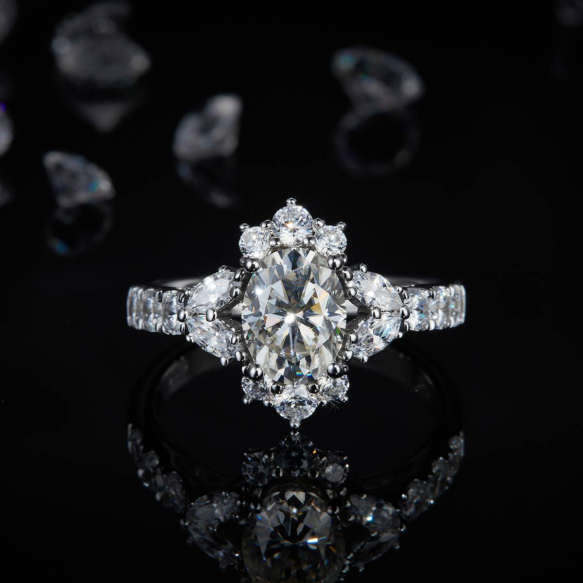 Deluxe Egg shaped Women's Ring S925 Silver Plated Platinum Customized Selection Main Stone Moissanite Diamond 1.5ct/Secondary Stone High Carbon Diamond