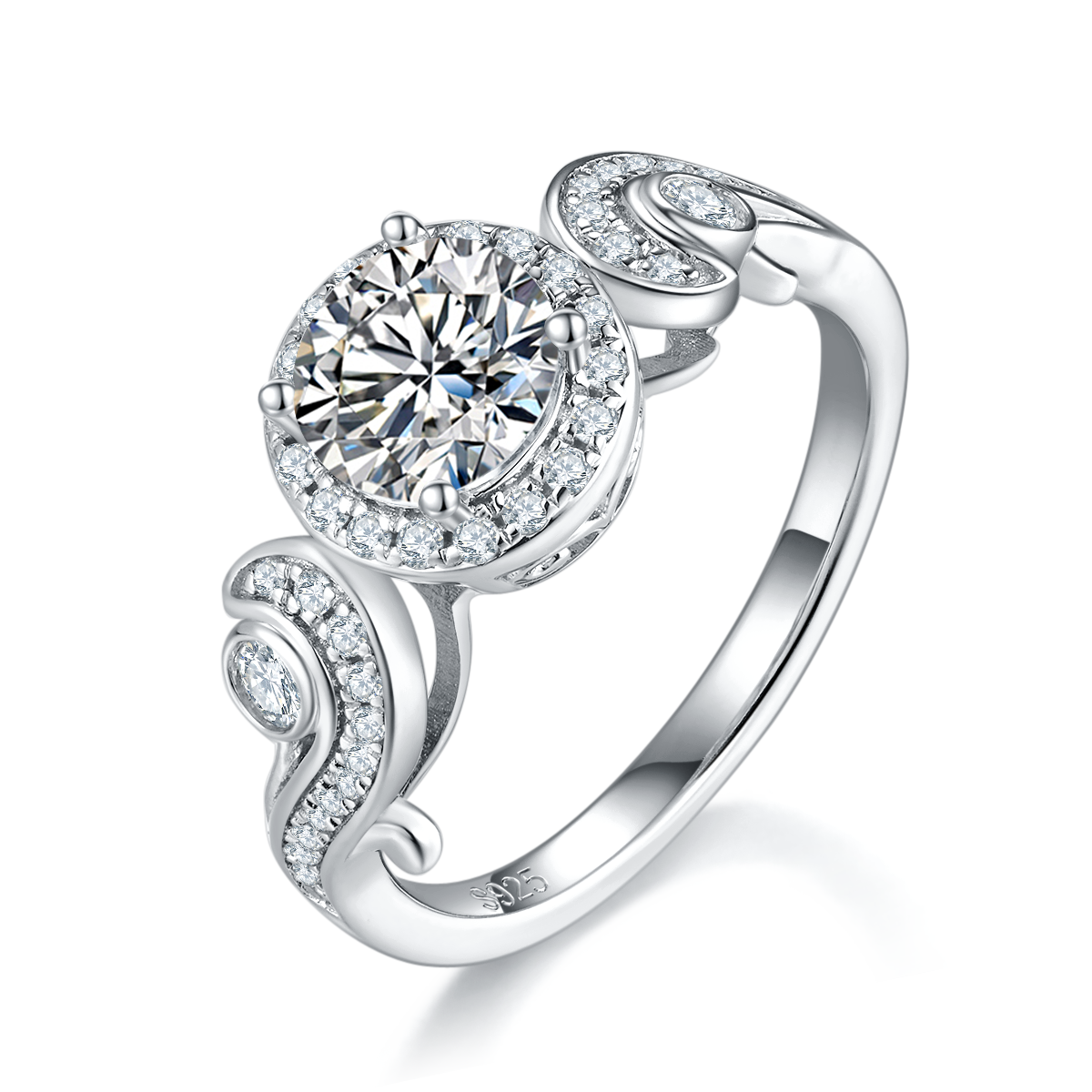 Group Set Twisted Arm Round Bag Women's Ring S925 Silver Plated Platinum Customized Selection Main Stone Moissanite Diamond 1.0ct/Secondary Stone High Carbon Diamond