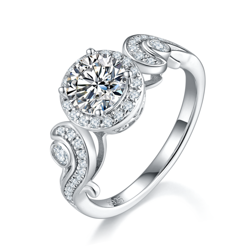 群镶扭臂圆包女戒S925银镀白金定制选款主石莫桑钻1.0ct/副石高碳钻