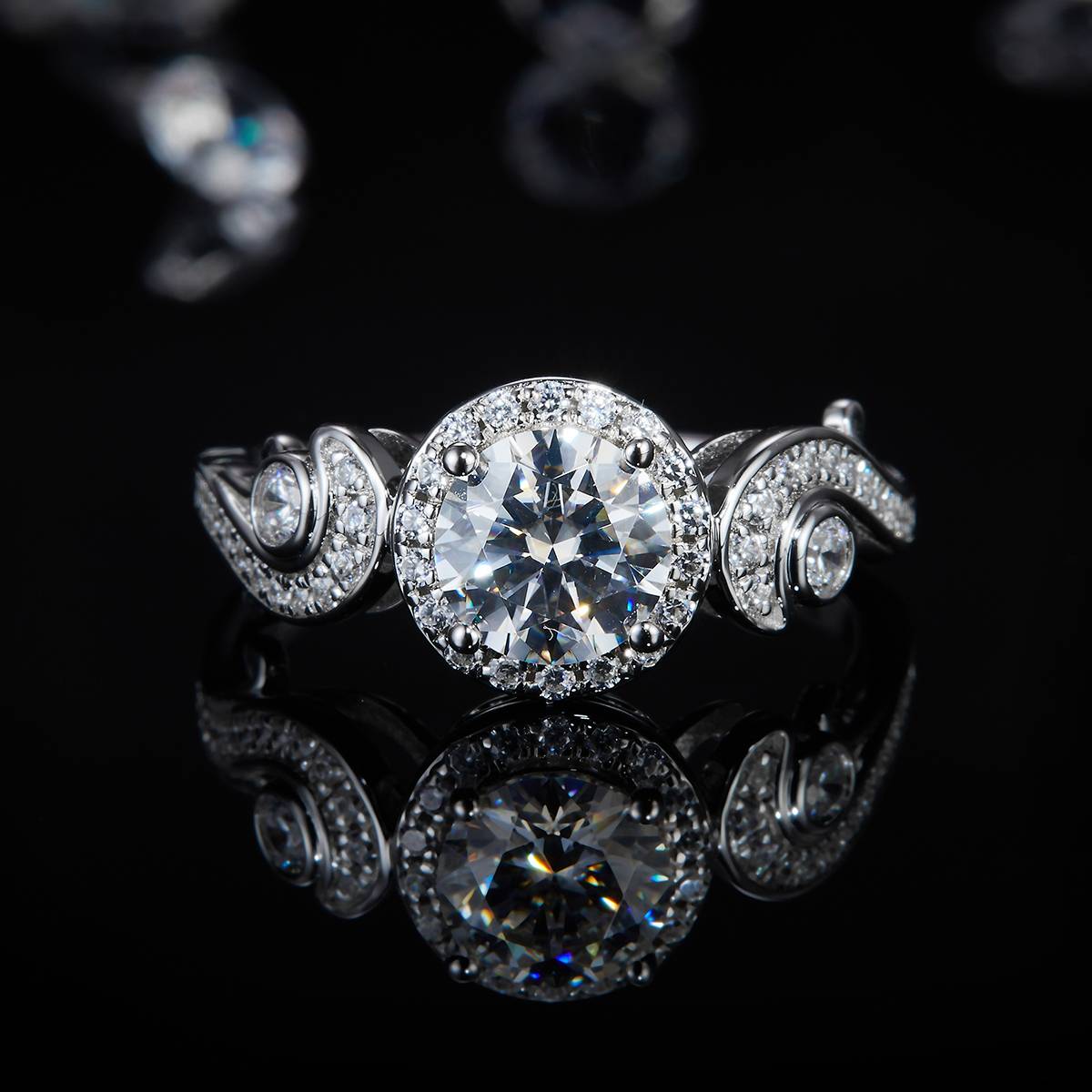 Group Set Twisted Arm Round Bag Women's Ring S925 Silver Plated Platinum Customized Selection Main Stone Moissanite Diamond 1.0ct/Secondary Stone High Carbon Diamond