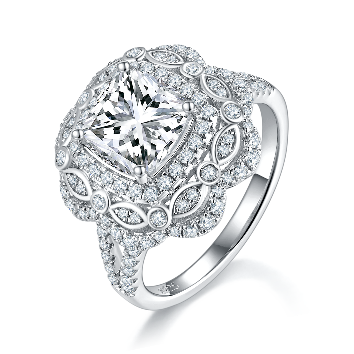 Luxury Pillow shaped Women's Ring S925 Silver Plated Platinum Customized Selection Main Stone Moissanite Diamond 2.5ct/Secondary Stone High Carbon Diamond
