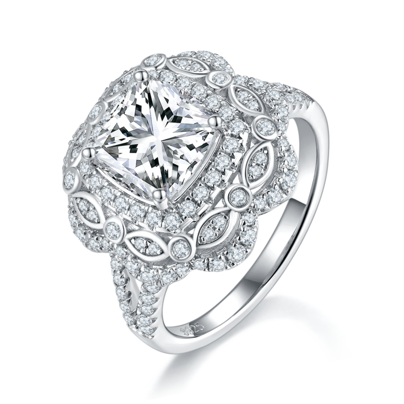 Luxury Pillow shaped Women's Ring S925 Silver Plated Platinum Customized Selection Main Stone Moissanite Diamond 2.5ct/Secondary Stone High Carbon Diamond