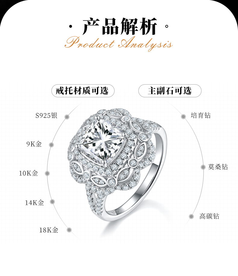 豪华枕形女戒S925银镀白金定制选款主石莫桑钻2.5ct/副石高碳钻 - 2