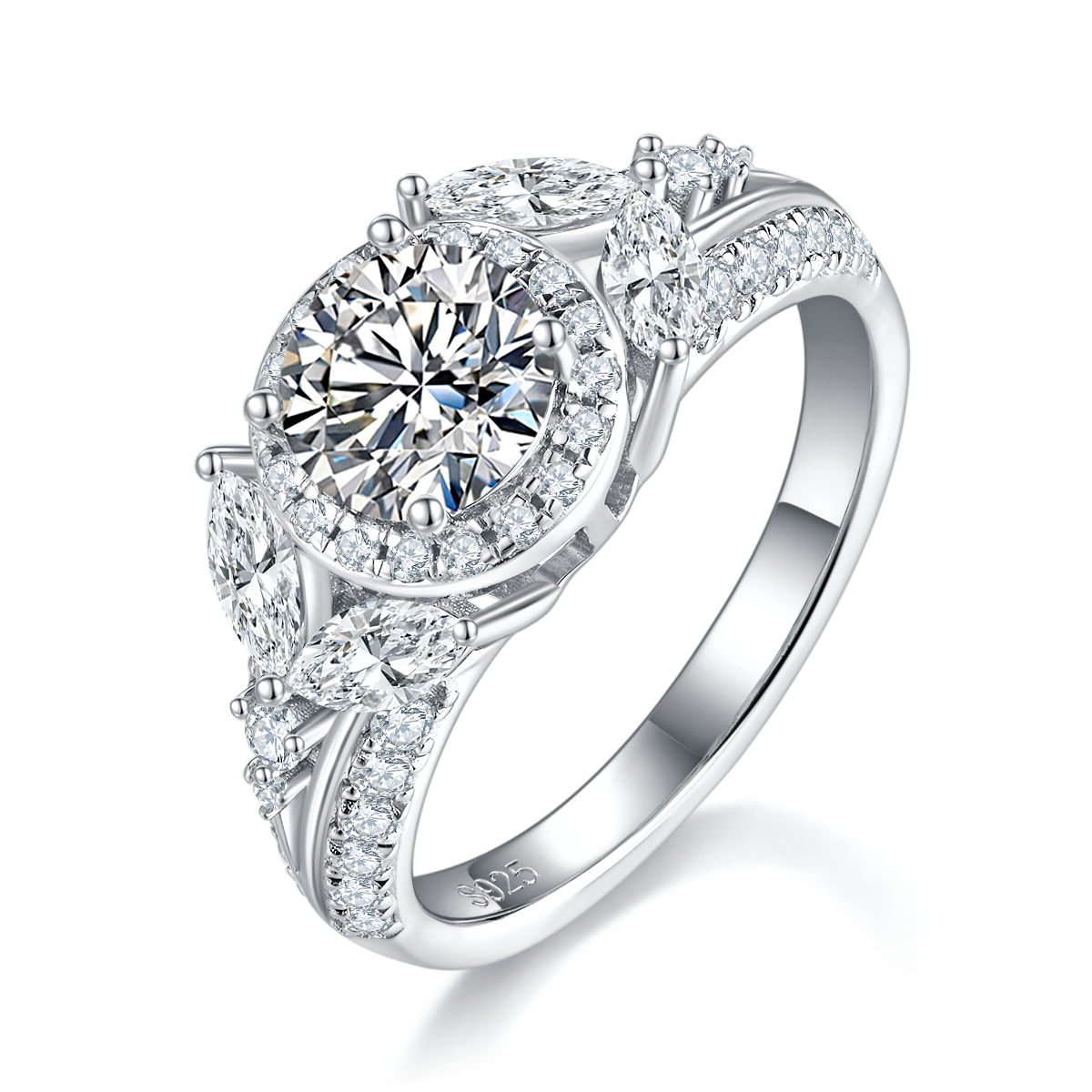 豪华满钻圆包女戒S925银镀白金定制选款主石莫桑钻1.0ct/副石高碳钻