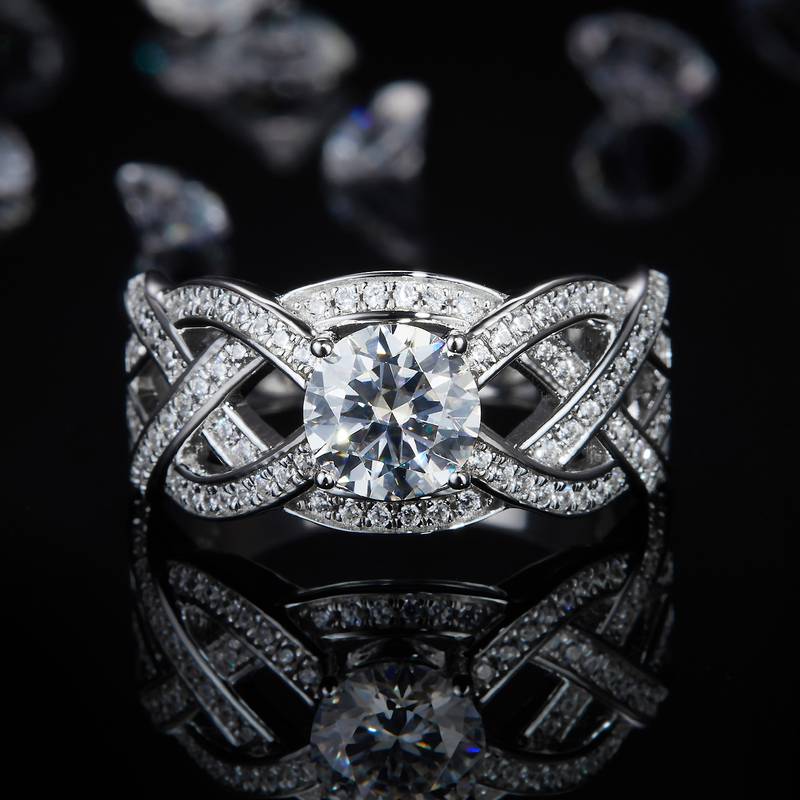 High end hollowed out interwoven full diamond women's ring S925 silver plated platinum customized selection main stone moissanite diamond 1.0ct/secondary stone high carbon diamond