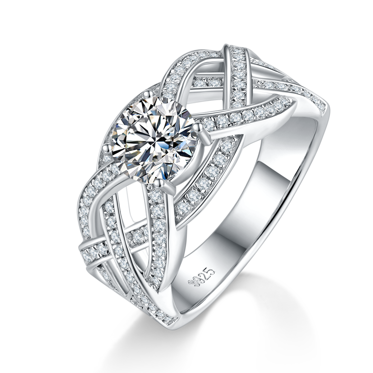 高端镂空交织满钻女戒S925银镀白金定制选款主石莫桑钻1.0ct/副石高碳钻