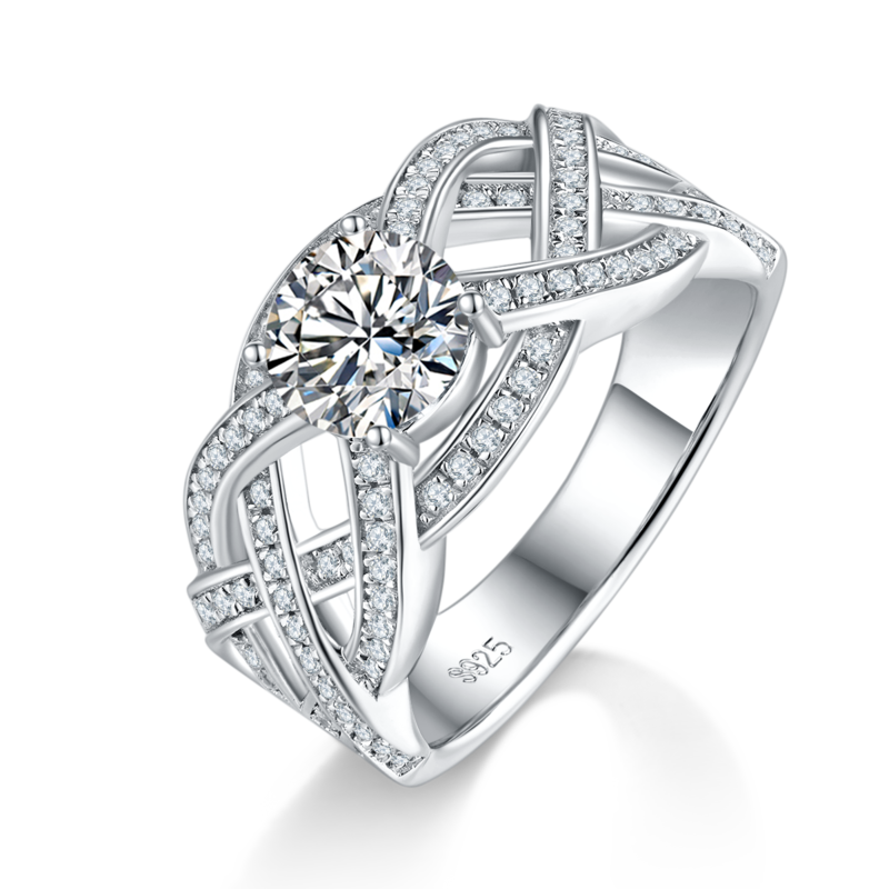 High end hollowed out interwoven full diamond women's ring S925 silver plated platinum customized selection main stone moissanite diamond 1.0ct/secondary stone high carbon diamond