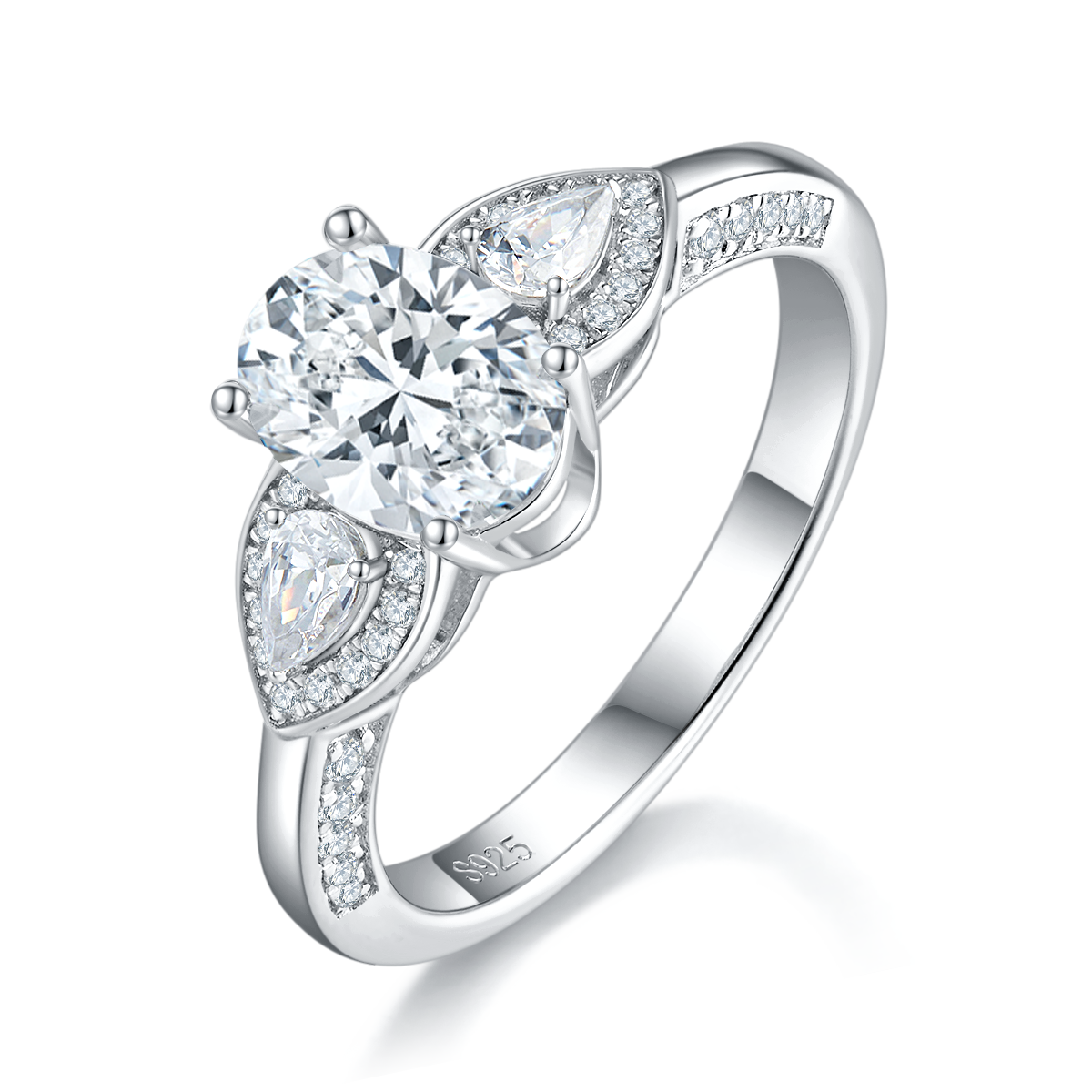 Light Luxury Three Stone Women's Ring S925 Silver Plated Platinum Customized Selection Main Stone Moissanite Diamond 1.5ct/Secondary Stone High Carbon Diamond