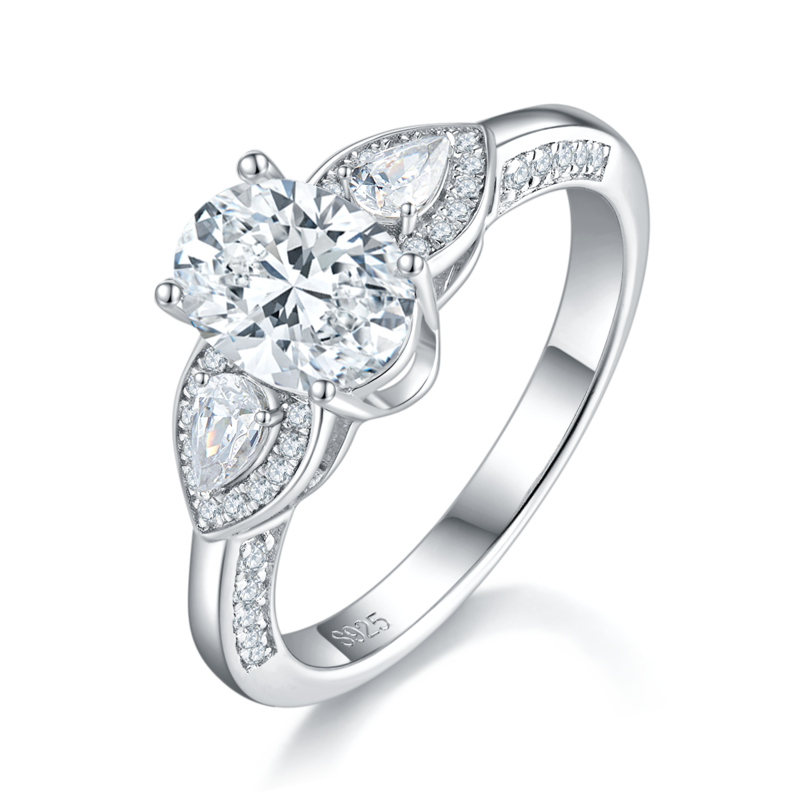 Light Luxury Three Stone Women's Ring S925 Silver Plated Platinum Customized Selection Main Stone Moissanite Diamond 1.5ct/Secondary Stone High Carbon Diamond