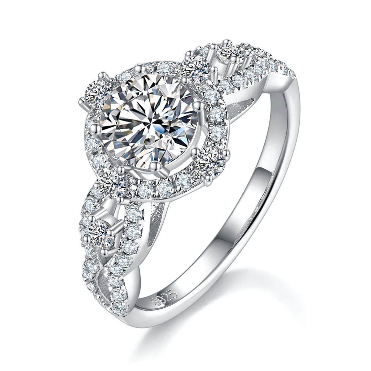 S925银镀白金女戒定制选款主石莫桑钻1.0ct/副石高碳钻