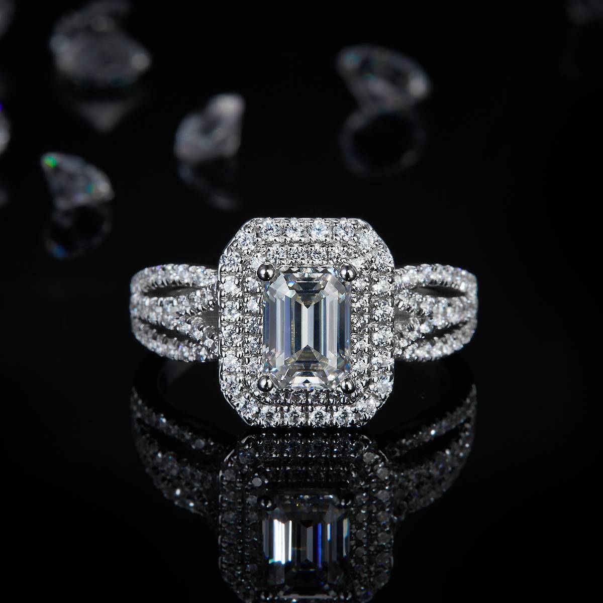 Luxury emerald cut round bag women's ring S925 silver plated platinum custom selection main stone Moissanite diamond 1.0ct/secondary stone high carbon diamond