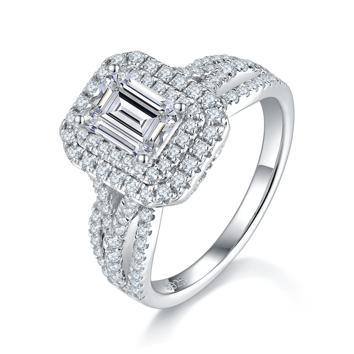 Luxury emerald cut round bag women's ring S925 silver plated platinum custom selection main stone Moissanite diamond 1.0ct/secondary stone high carbon diamond