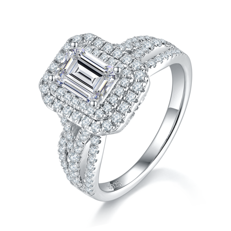 Luxury emerald cut round bag women's ring S925 silver plated platinum custom selection main stone Moissanite diamond 1.0ct/secondary stone high carbon diamond