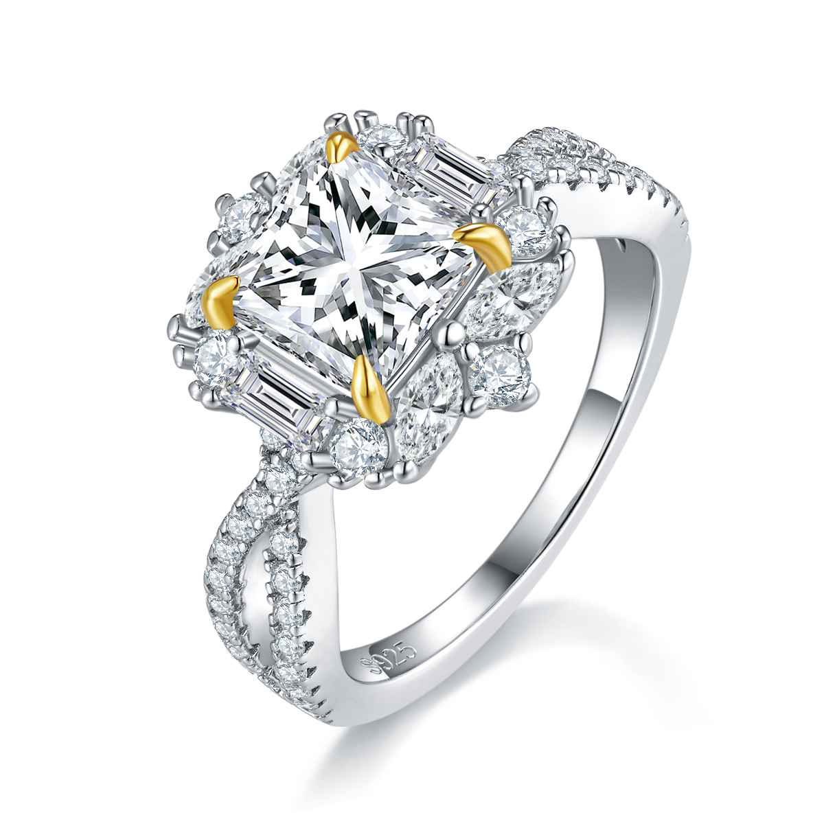 公主方女戒S925银镀白金定制选款主石莫桑钻2.0ct/副石高碳钻