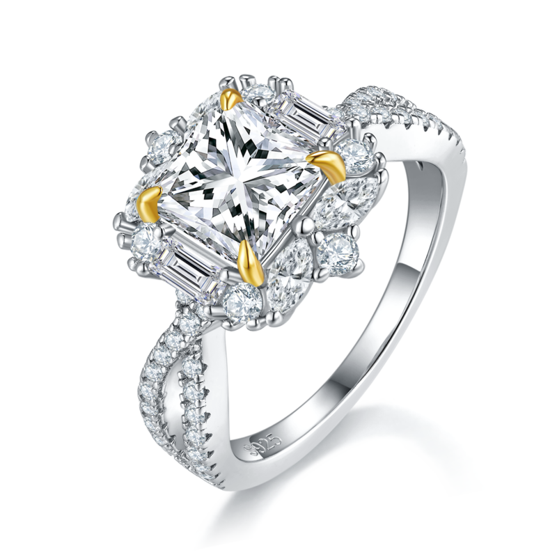 Princess Fang Women's Ring S925 Silver Plated Platinum Customized Selection Main Stone Moissanite Diamond 2.0ct/Secondary Stone High Carbon Diamond