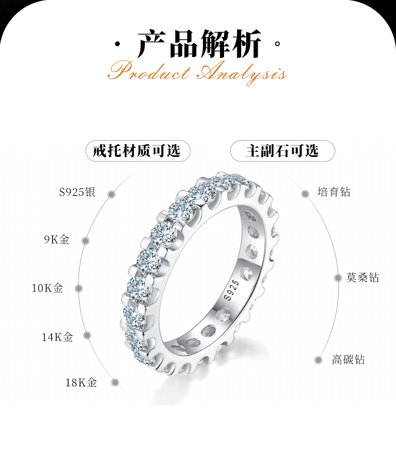 3.0mm排戒S925银镀白金定制选款副石莫桑钻2.1ct - 2
