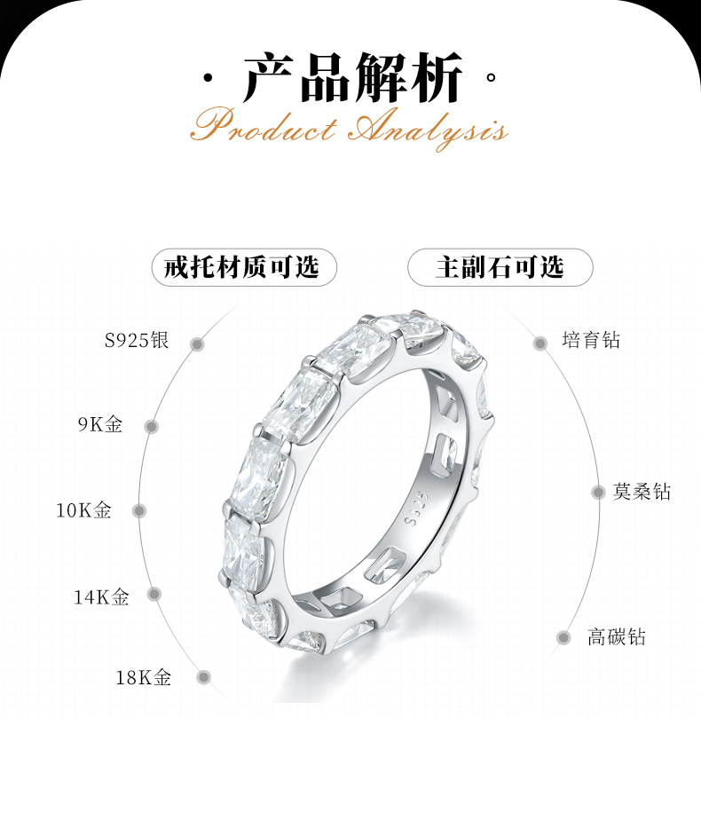 祖母绿切排戒S925银镀白金女戒定制选款副石莫桑钻6.5ct - 2