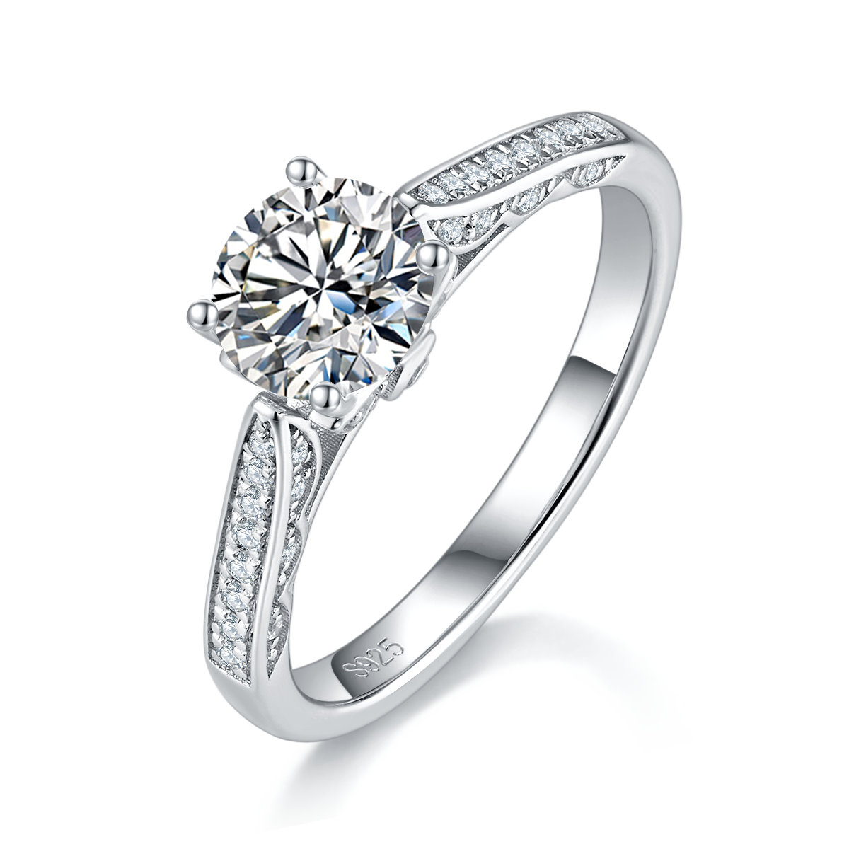 单头女戒S925银镀白金女戒定制选款主石莫桑钻1.0ct/副石高碳钻