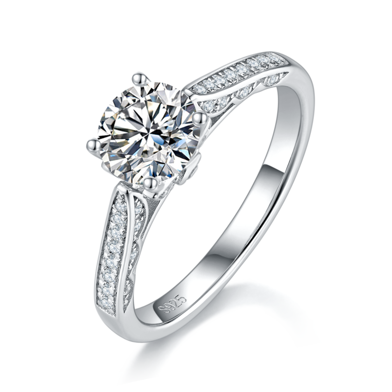 单头女戒S925银镀白金女戒定制选款主石莫桑钻2.0ct/副石高碳钻
