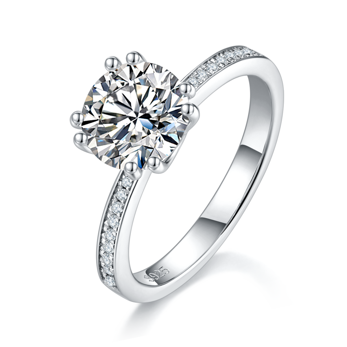 单头女戒S925银镀白金女戒定制选款主石莫桑钻2.0ct/副石高碳钻