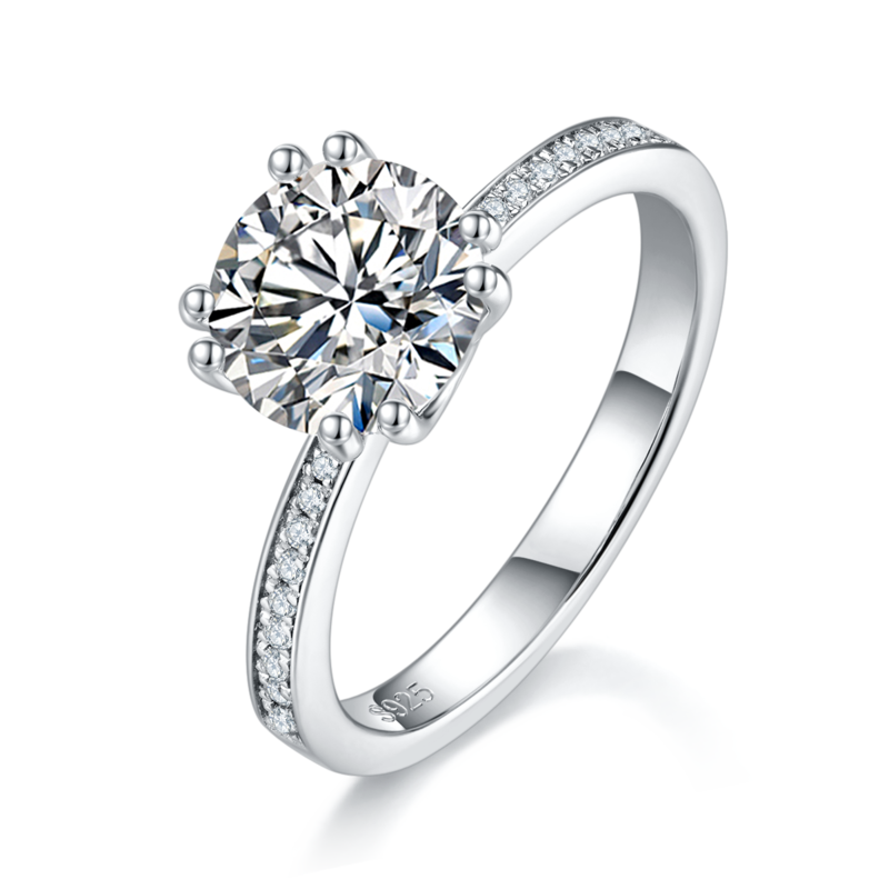 单头女戒S925银镀白金女戒定制选款主石莫桑钻2.0ct/副石高碳钻
