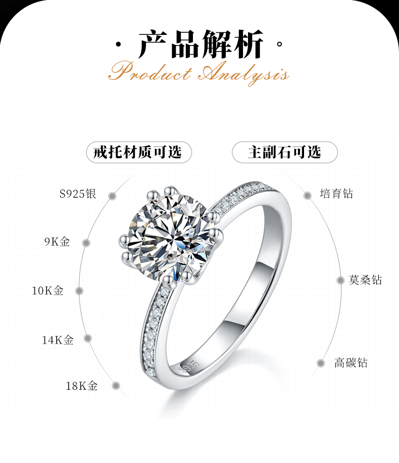 单头女戒S925银镀白金女戒定制选款主石莫桑钻2.0ct/副石高碳钻 - 2