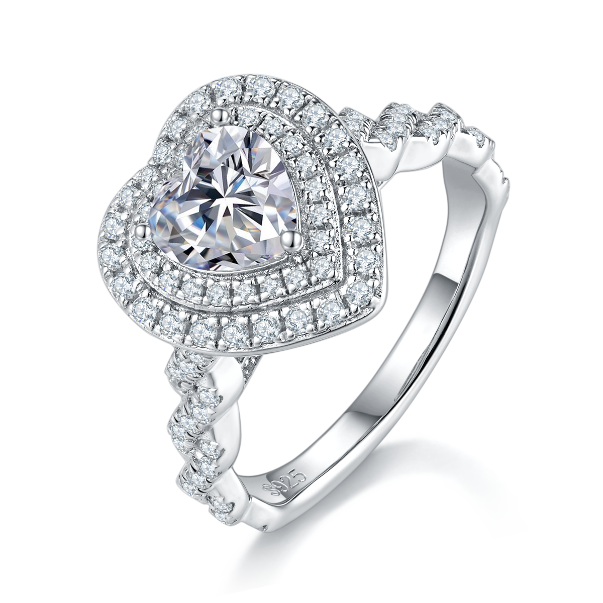 Twisted arm heart-shaped double-layer luxury round bag women's ring S925 silver plated platinum customized selection main stone moissanite diamond 1.0ct/secondary stone high carbon diamond