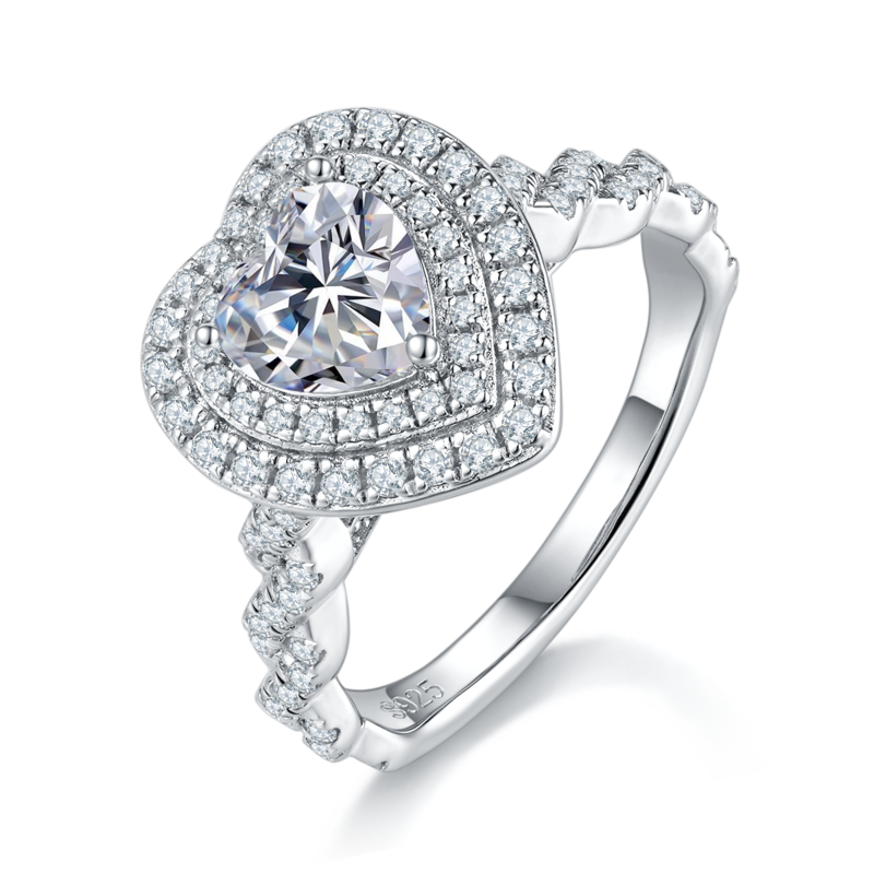 扭臂心形双层豪华圆包Women's RingS925银镀白金定制选款主石Moissanite1.0ct/副石高碳钻