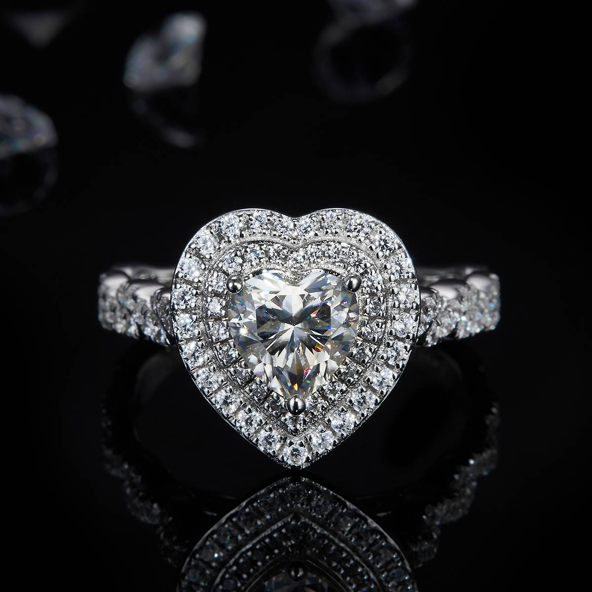 Twisted arm heart-shaped double-layer luxury round bag women's ring S925 silver plated platinum customized selection main stone moissanite diamond 1.0ct/secondary stone high carbon diamond