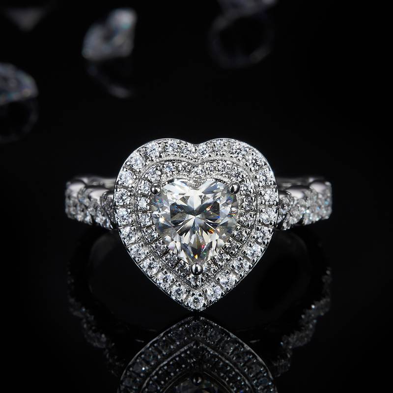 扭臂心形双层豪华圆包Women's RingS925银镀白金定制选款主石Moissanite1.0ct/副石高碳钻