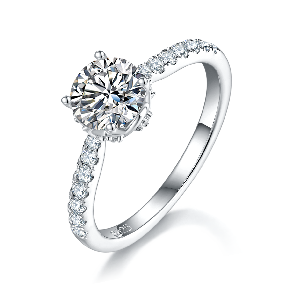 单头女戒S925银镀白金女戒定制选款主石莫桑钻1.0ct/副石高碳钻