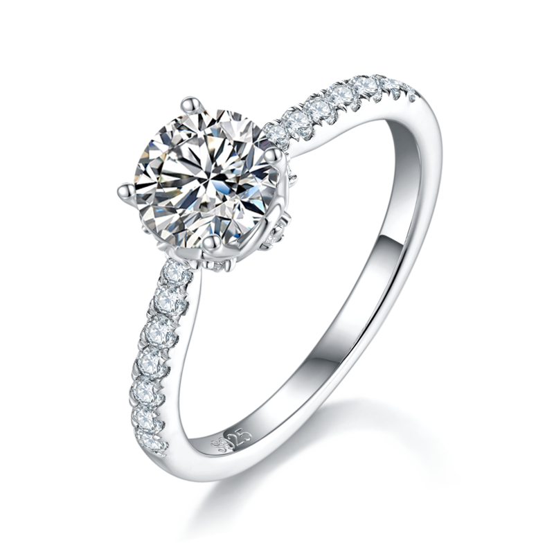 单头女戒S925银镀白金女戒定制选款主石莫桑钻1.0ct/副石高碳钻