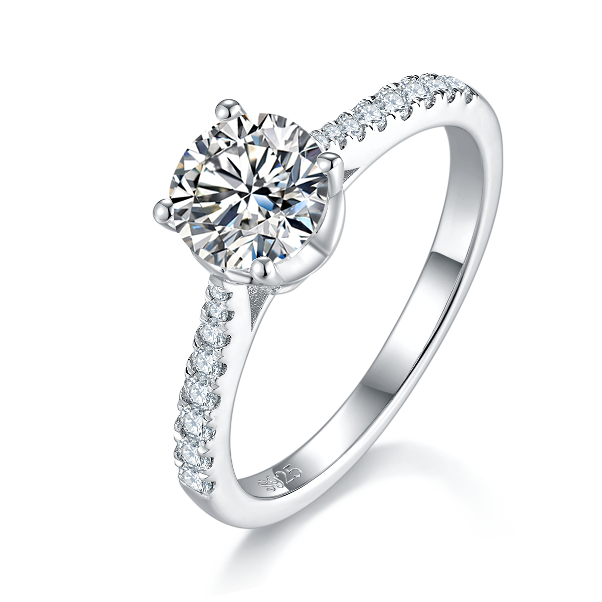 四爪女戒S925银镀白金定制选款主石莫桑钻1.0ct/副石高碳钻
