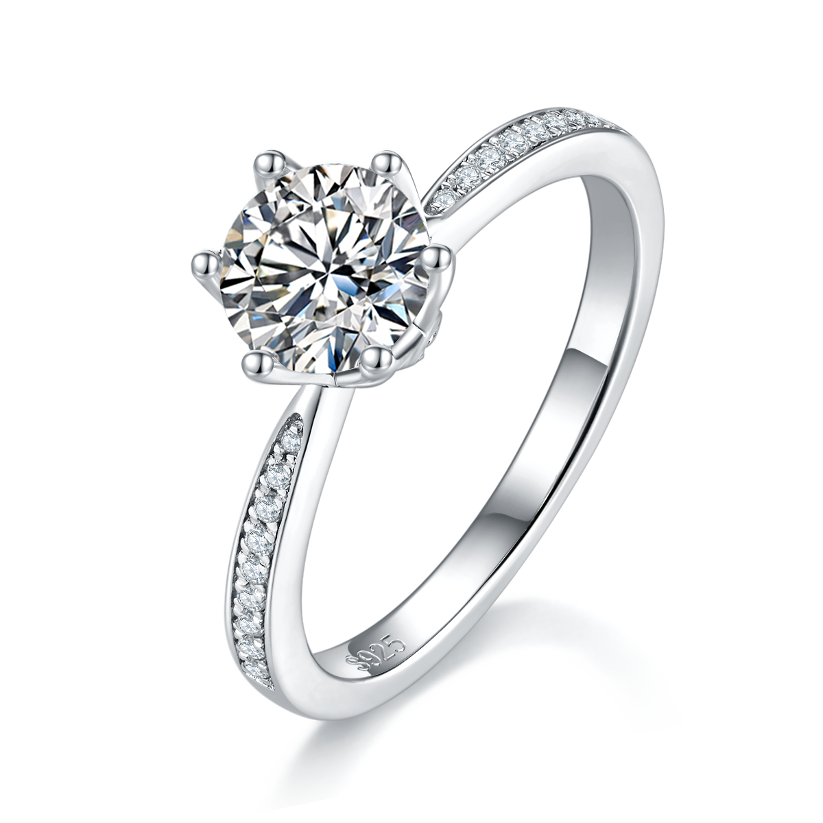 六爪女戒S925银镀白金定制选款主石莫桑钻1.0ct/副石高碳钻
